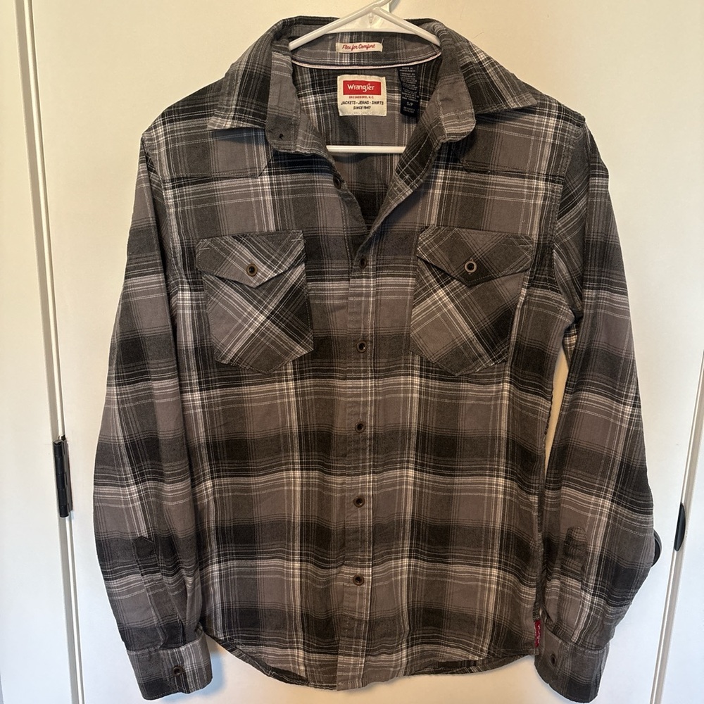 Wrangler Gray Plaid Flannel Button Up Shirt Small